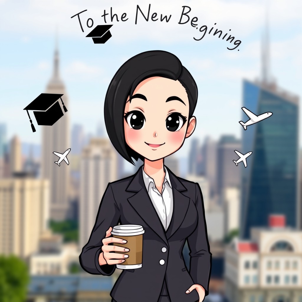 A cartoon character of a young white woman with short black hair and no bangs, featuring black eyes