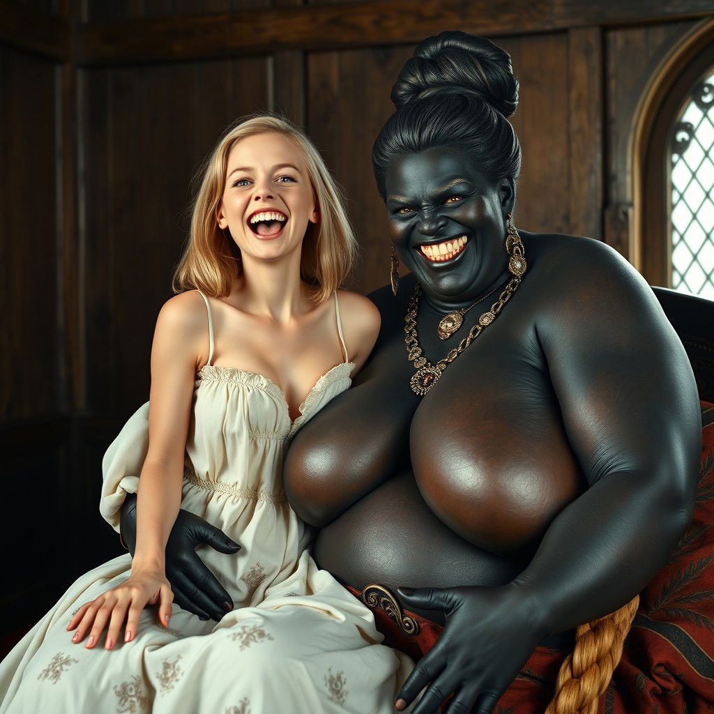 In a medieval room, a young 19-year-old blonde woman, appearing emaciated but filled with joy, with medium-length hair and bright blue eyes, is joyfully shouting while sitting on the lap of a voluptuous black woman