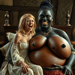 In a medieval room, a young 19-year-old blonde woman, appearing emaciated but filled with joy, with medium-length hair and bright blue eyes, is joyfully shouting while sitting on the lap of a voluptuous black woman