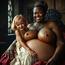 In a medieval room, a young 19-year-old blonde woman, appearing emaciated but filled with joy, with medium-length hair and bright blue eyes, is joyfully shouting while sitting on the lap of a voluptuous black woman