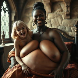 In a medieval room, a young 19-year-old blonde woman, appearing emaciated but filled with joy, with medium-length hair and bright blue eyes, is joyfully shouting while sitting on the lap of a voluptuous black woman