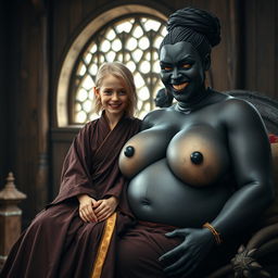 In a medieval room, a young 19-year-old blonde woman, looking emaciated but overflowing with joy, has medium-length hair and bright blue eyes