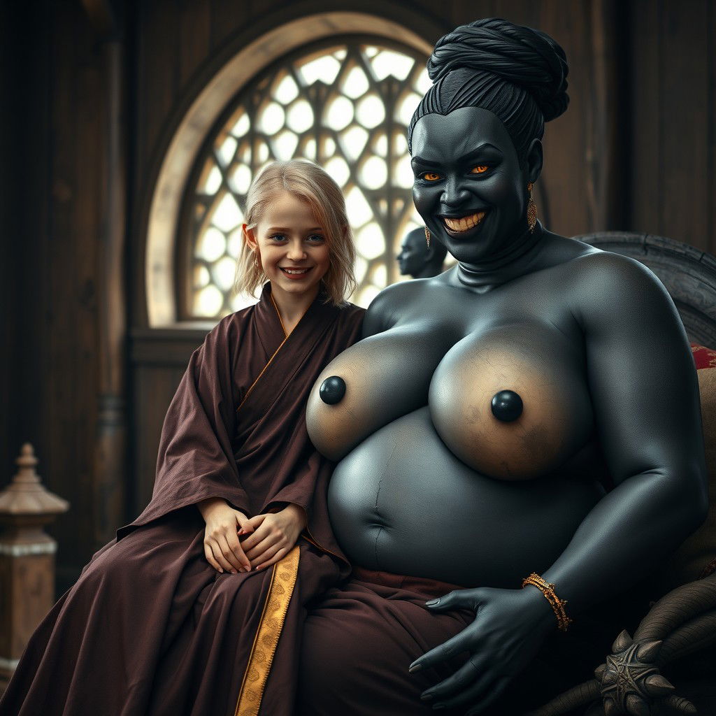 In a medieval room, a young 19-year-old blonde woman, looking emaciated but overflowing with joy, has medium-length hair and bright blue eyes