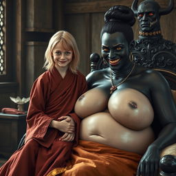 In a medieval room, a young 19-year-old blonde woman, looking emaciated but overflowing with joy, has medium-length hair and bright blue eyes