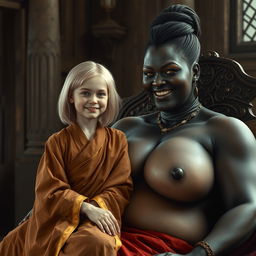 In a medieval room, a young 19-year-old blonde woman, looking emaciated but overflowing with joy, has medium-length hair and bright blue eyes