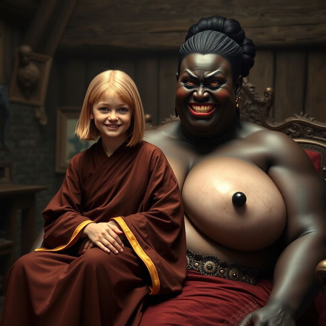 In a medieval room, a young 19-year-old blonde woman, looking emaciated but overflowing with joy, has medium-length hair and bright blue eyes