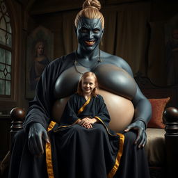 In a medieval room, a 22-year-old blonde woman, appearing emaciated but exuberantly happy, has medium-length hair and bright blue eyes