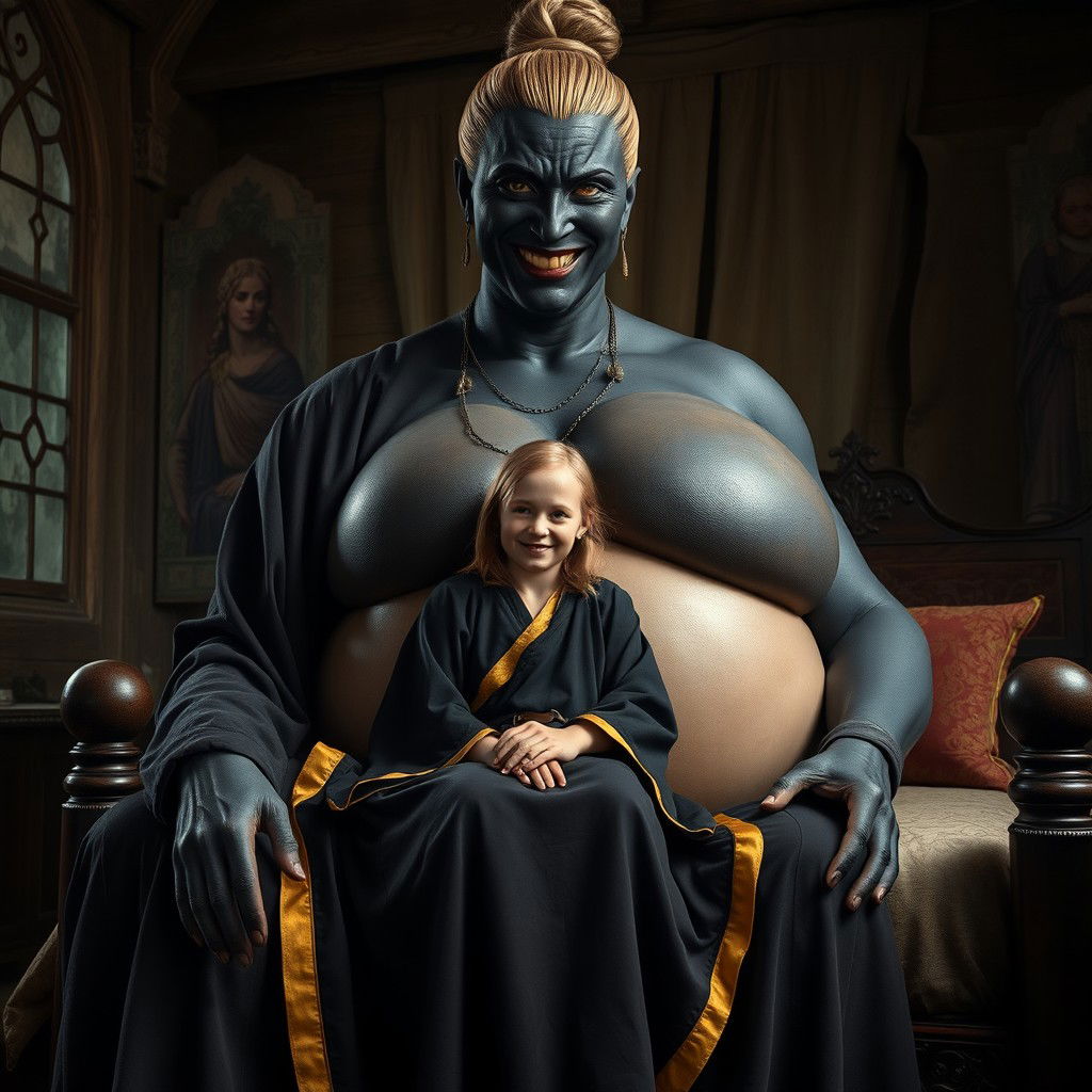 In a medieval room, a 22-year-old blonde woman, appearing emaciated but exuberantly happy, has medium-length hair and bright blue eyes