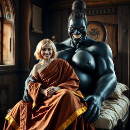 In a medieval room, a 22-year-old blonde woman, appearing emaciated but exuberantly happy, has medium-length hair and bright blue eyes