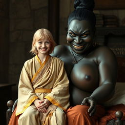 In a medieval room, a 22-year-old blonde woman, appearing emaciated but exuberantly happy, has medium-length hair and bright blue eyes