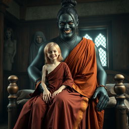 In a medieval room, a 22-year-old blonde woman, appearing emaciated but exuberantly happy, has medium-length hair and bright blue eyes