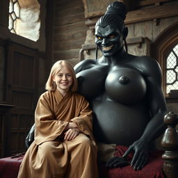 Inside a medieval room, a joyful blonde woman, 22 years old, with medium-length hair and bright blue eyes, wearing a closed long Buddhist robe, sits on the lap of a towering black woman