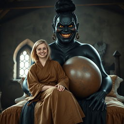 Inside a medieval room, a joyful blonde woman, 22 years old, with medium-length hair and bright blue eyes, wearing a closed long Buddhist robe, sits on the lap of a towering black woman