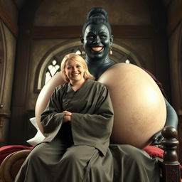 Inside a medieval room, a joyful blonde woman, 22 years old, with medium-length hair and bright blue eyes, wearing a closed long Buddhist robe, sits on the lap of a towering black woman