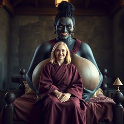 Inside a medieval room, a joyful blonde woman, 22 years old, with medium-length hair and bright blue eyes, wearing a closed long Buddhist robe, sits on the lap of a towering black woman