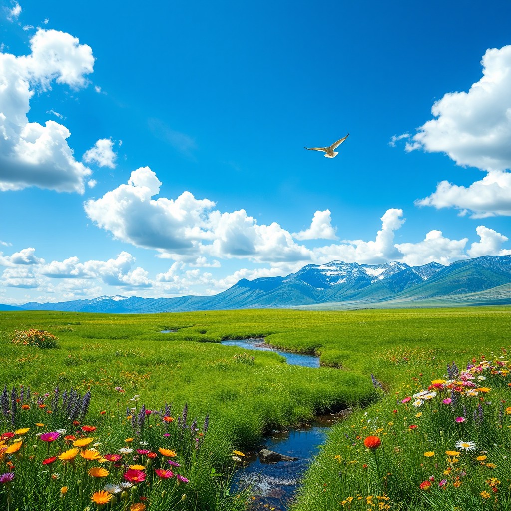 A serene landscape featuring a lush green meadow under a bright blue sky, with fluffy white clouds scattered throughout