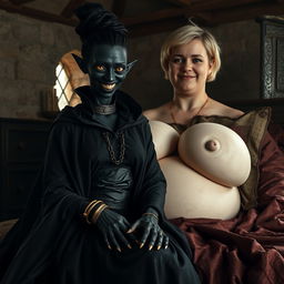 In a medieval bedroom, a wicked young woman, aged 30, with entirely black skin and a malnourished appearance, sits on the lap of a giant 60-year-old woman