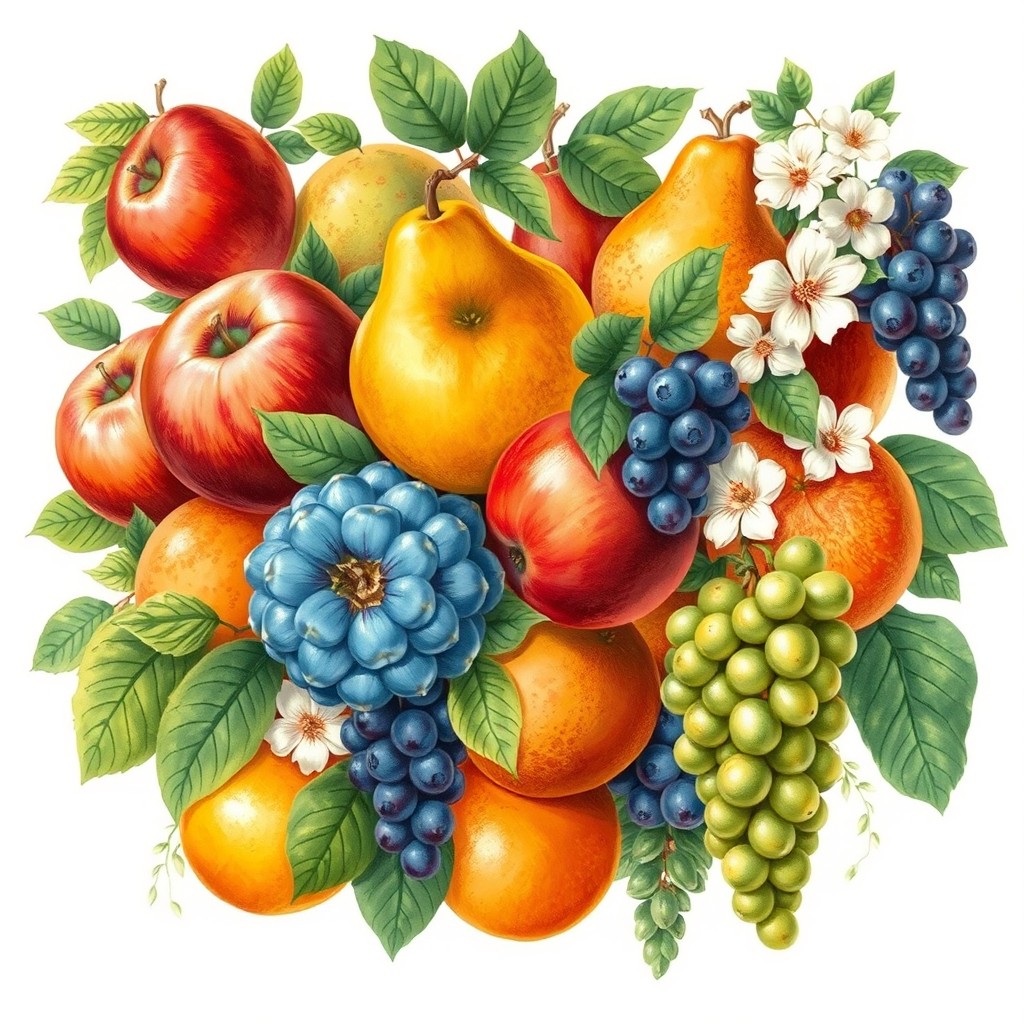 A beautifully detailed botanical illustration featuring an array of vibrant fruits such as apples, pears, oranges, and grapes
