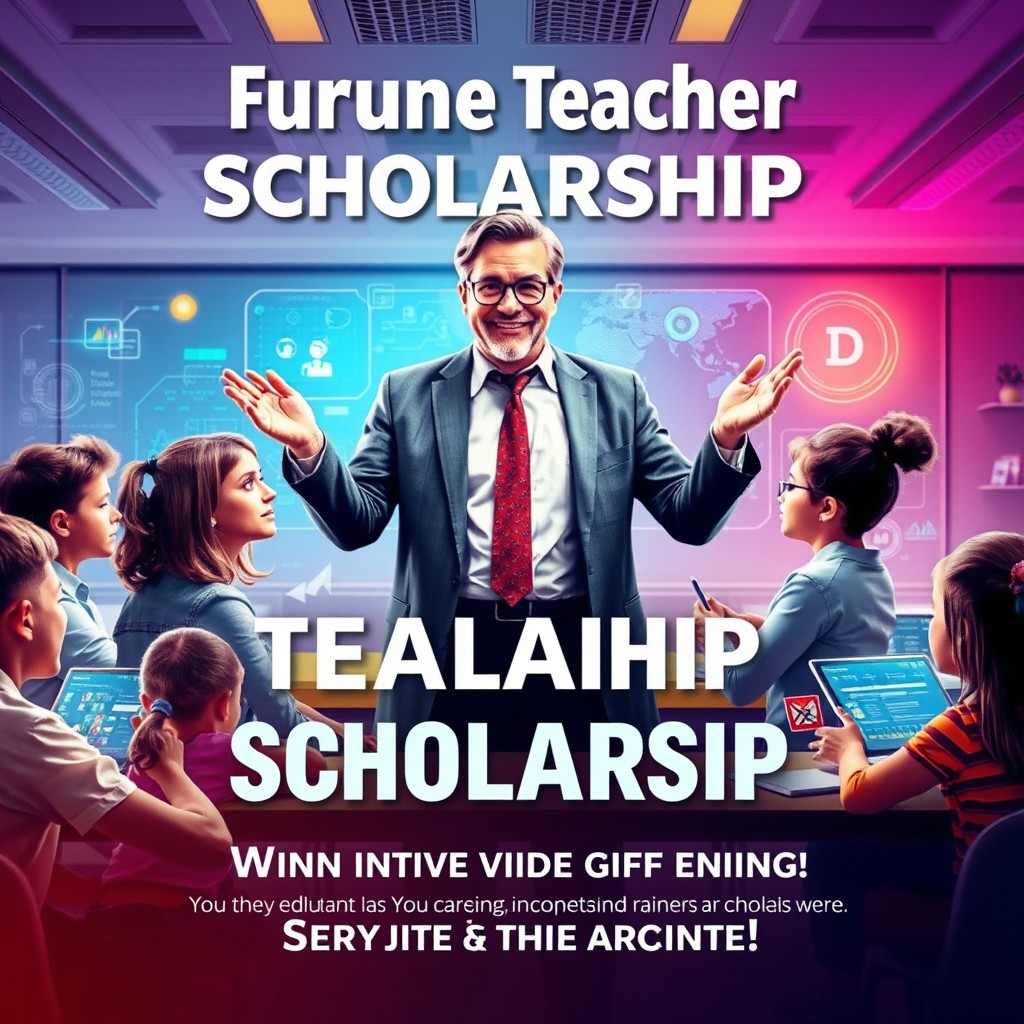 A futuristic teacher scholarship poster, vibrant colors featuring a charismatic teacher in a modern classroom, surrounded by advanced technology like holographic displays and interactive learning tools