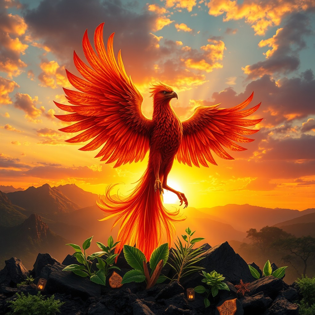 A stunning depiction of Africa symbolically rising from the ashes like a magnificent phoenix, showcasing a strong and vibrant continent breaking free from chains
