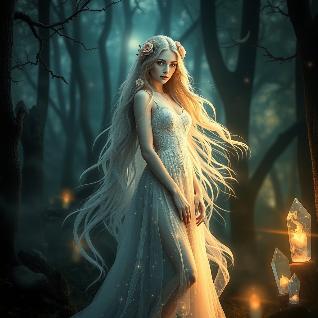 A mystical woman standing in an enchanted forest, surrounded by glowing crystals and ethereal light