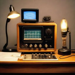 Vintage ham radio setup with large dials and buttons, lit up under warm desk lamp, on an old oak desk