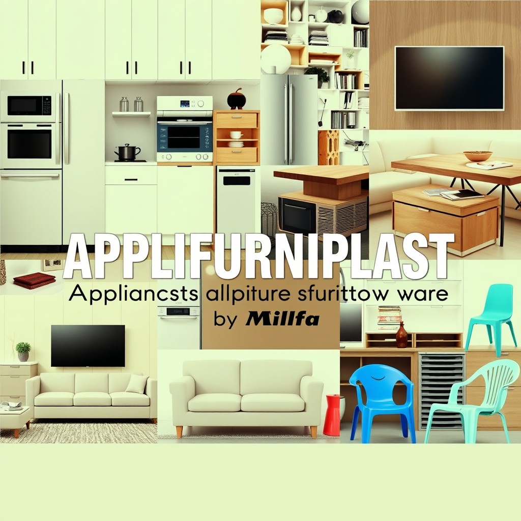 A vibrant cover photo design for a store named "APPLIFURNIPLAST by Milfa" prominently highlighting the store name in bold, stylish typography
