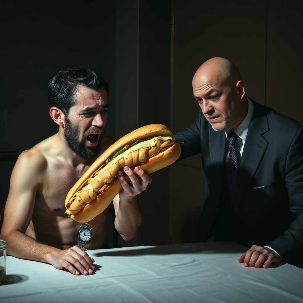 A skinny man with dark hair and a beard sits at a table in a dimly lit room, beads of sweat rolling down his face as he attempts to cram a massive 2-foot long submarine sandwich into his mouth