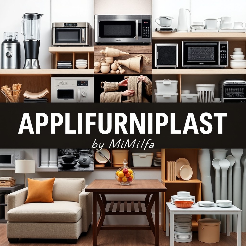 A visually striking cover photo design for a store named "APPLIFURNIPLAST by Milfa", with the store name prominently displayed in bold, contemporary typography