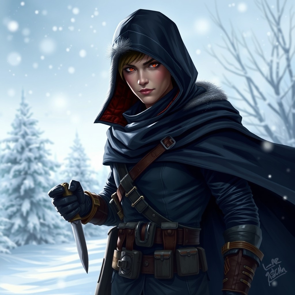 A winter-themed character for Dungeons and Dragons, depicted as a human rogue of the spy subclass