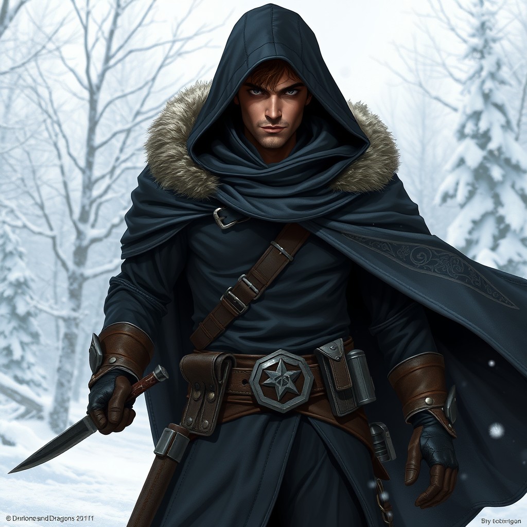 A winter-themed character for Dungeons and Dragons, depicted as a male human rogue of the spy subclass