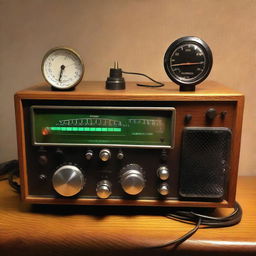 Vintage ham radio setup with large dials and buttons, lit up under warm desk lamp, on an old oak desk