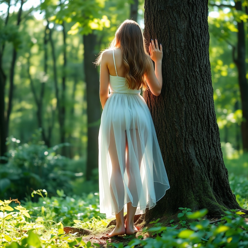 A young woman wearing a flowing white transparent skirt stands with her back to the viewer in a serene forest setting, leaning against a sturdy tree