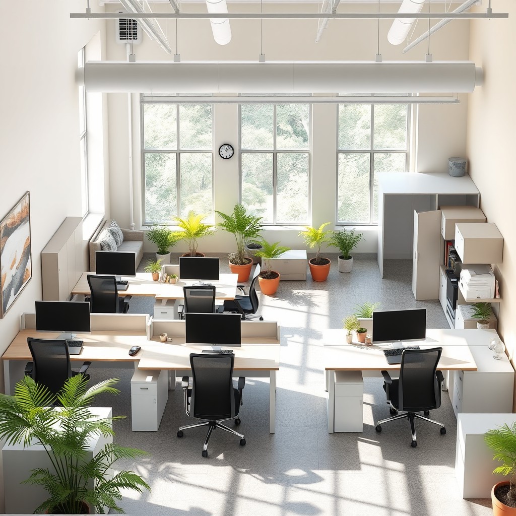 A spacious and efficient office layout designed for 15 staff members in a 15 x 9 meter area