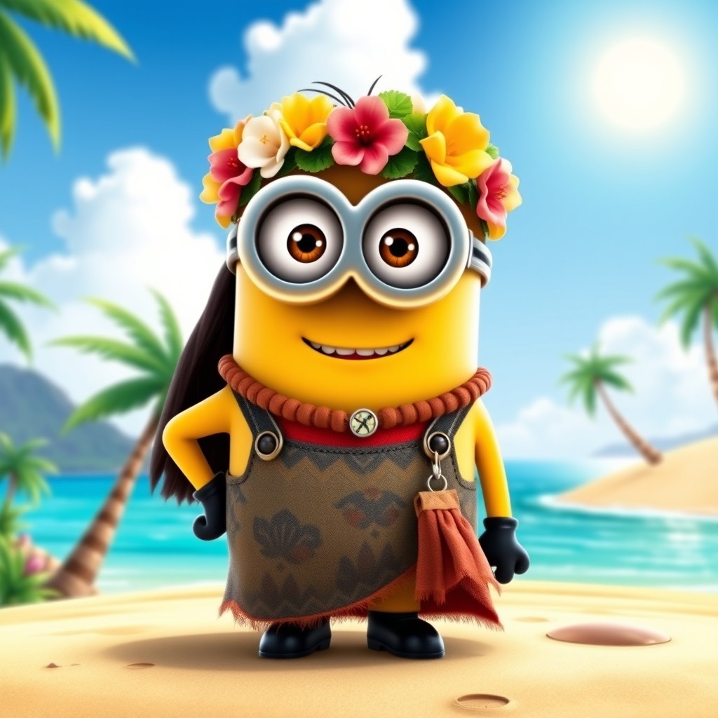 A cute and whimsical hybrid character that combines elements of Moana from Disney and a Minion from the Despicable Me franchise