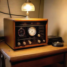 Vintage ham radio setup with large dials and buttons, lit up under warm desk lamp, on an old oak desk