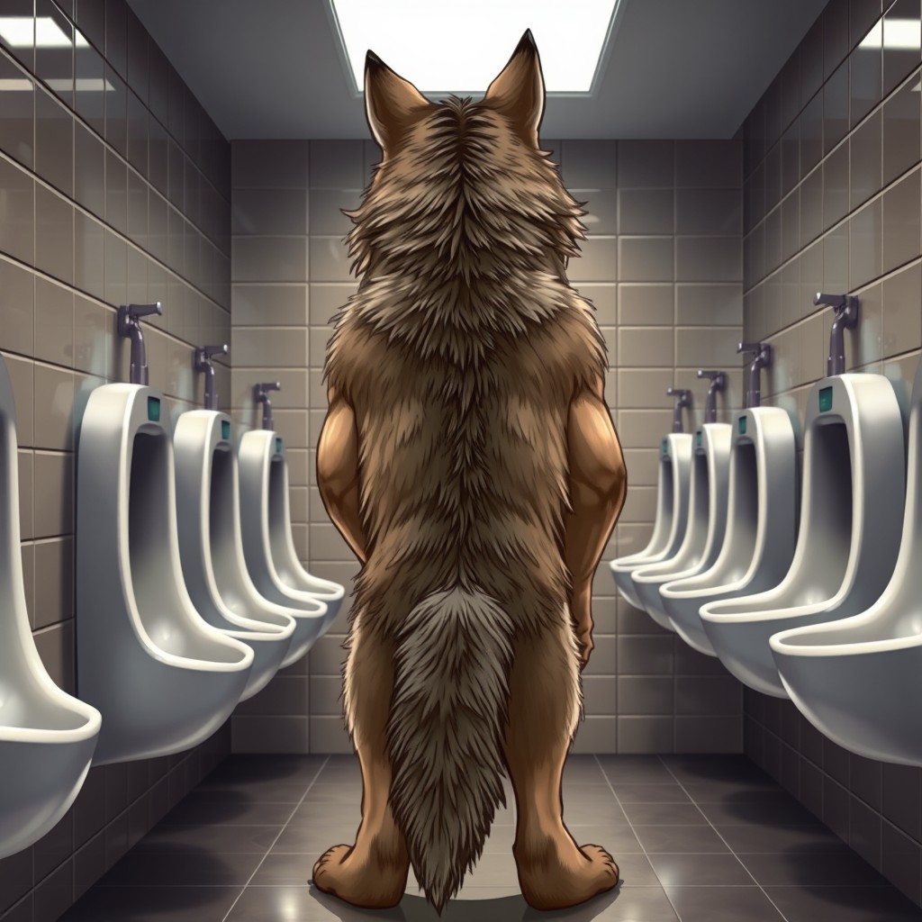 An anthropomorphic wolf with detailed fur texture and expressive posture, standing in front of a row of gleaming urinals