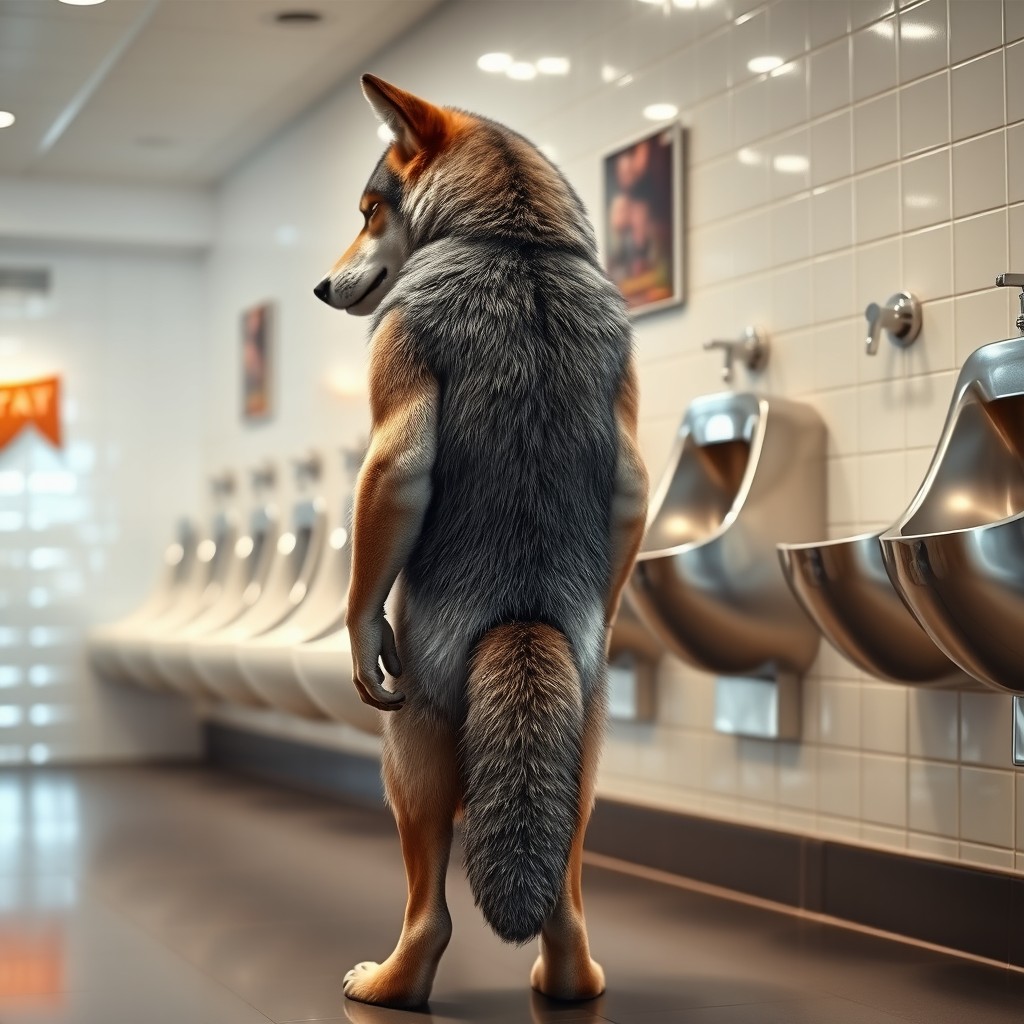An anthropomorphic wolf standing confidently in front of a row of modern, chrome urinals