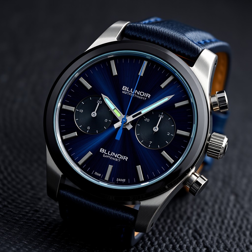 A sophisticated, mid-luxury chronograph wristwatch branded ‘Blunoir’ featuring a bold combination of deep blue and black elements