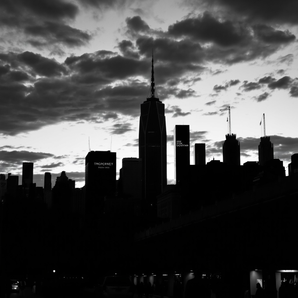 A stunning black and white image of an urban landscape at dusk, featuring a skyline filled with towering skyscrapers and a cloudy sky