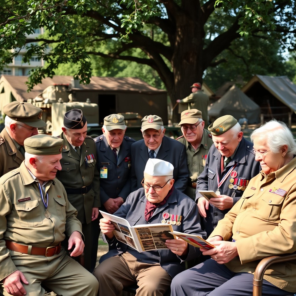 A group of World War II veterans in a nostalgic setting, showcasing a diverse ensemble of men and women, each in uniforms representative of their respective military branches