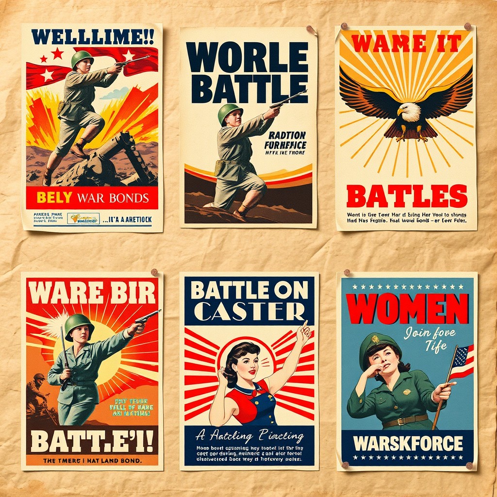 A collection of World War II battle posters, featuring vibrant colors and bold typography