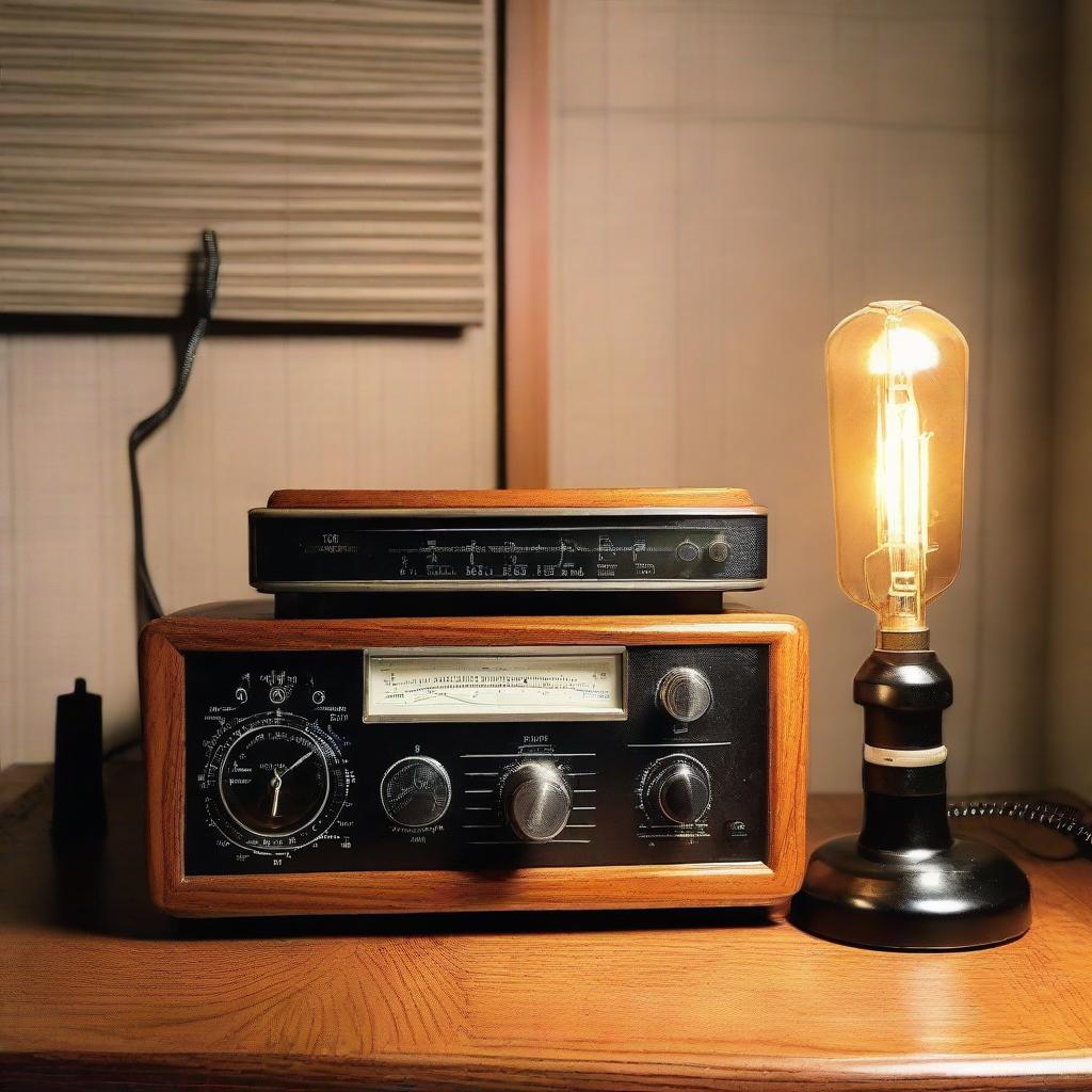 Vintage ham radio setup with large dials and buttons, lit up under warm desk lamp, on an old oak desk