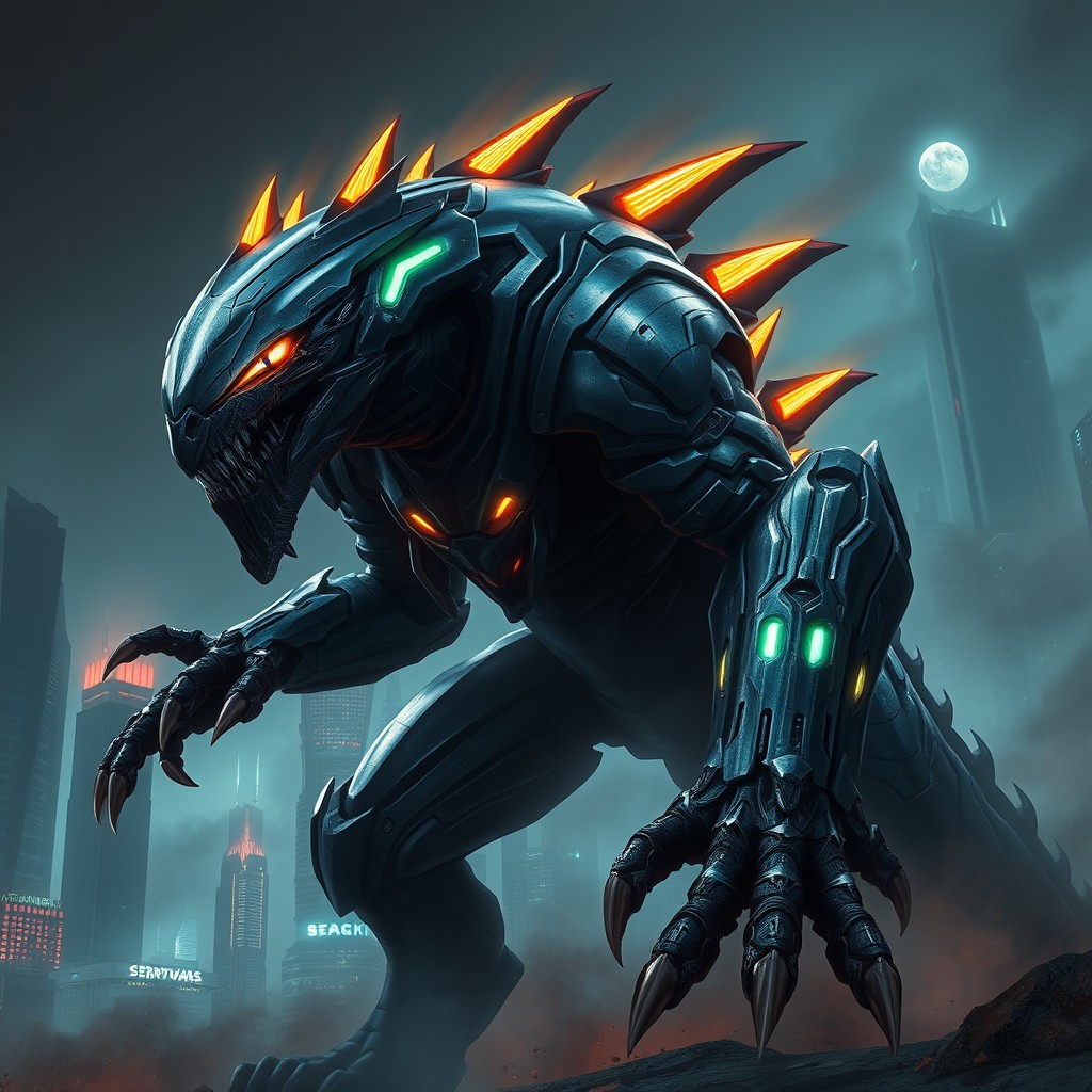 A detailed portrayal of a terrifying monster inspired by the video game 'Stellar Blade', featuring a large, menacing creature with sleek, high-tech armor adorned with glowing neon accents