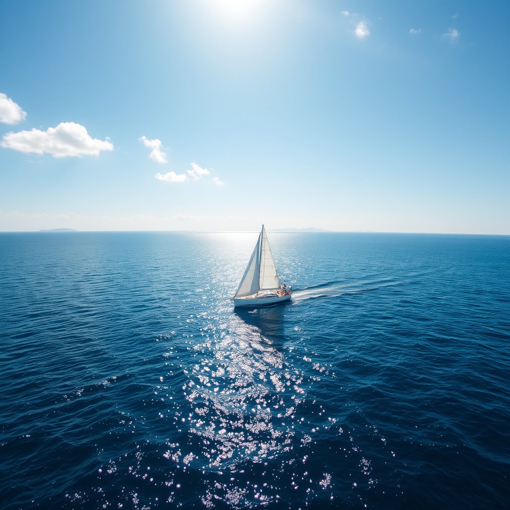 A serene scene of a sailboat gracefully gliding over calm blue ocean waters under a clear sky, with soft white clouds overhead