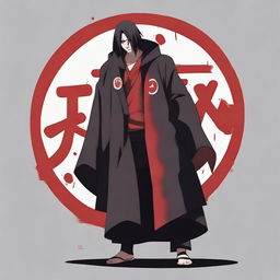 Itachi Uchiha standing solemnly, wearing his Akatsuki robe. The name 'Itachi' is presented next to him in a stylish and edgy typeface, emphasizing the character's unique identity.