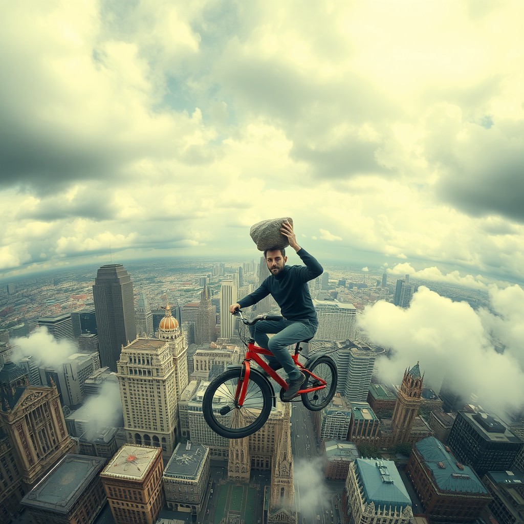 A cloudy sky over a city seen from a high, distorted perspective