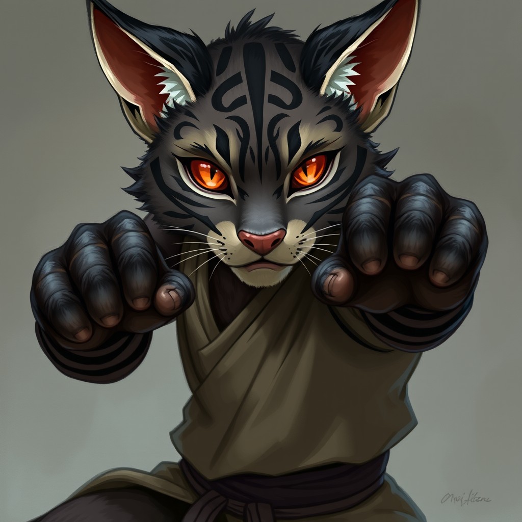 A male Tabaxi monk character for Dungeons & Dragons, featuring striking vertical pupils and vibrant orange eye color