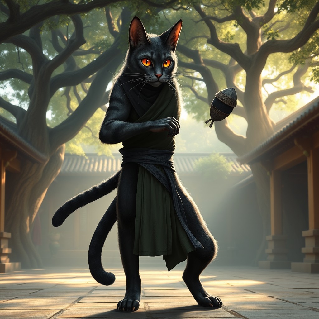A majestic male Tabaxi monk character for D&D, standing tall at 6'7'' with a slender build weighing 150lbs