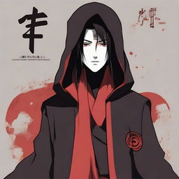 Itachi Uchiha standing solemnly, wearing his Akatsuki robe. The name 'Itachi' is presented next to him in a stylish and edgy typeface, emphasizing the character's unique identity.